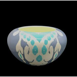 Artisans Angkor Cambodian Ikat Design Vase Planter Bowl Grey Turquoise 10.5" X 8